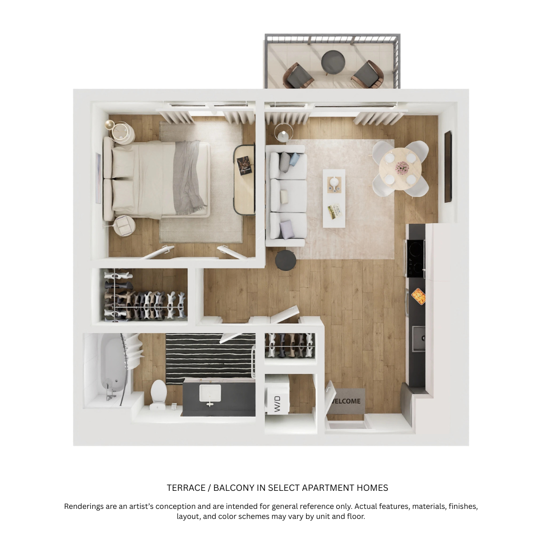 Floor plan for 1 bed, 1 bath, 488 sqft